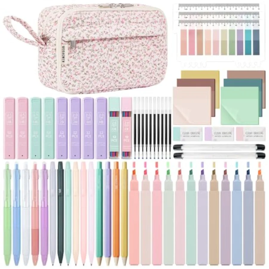 

62PCS Aesthetic School Supplies with Quilted Pencil Case, Pastel Highlighters, Gel Pens Mechanical Pencils Set, Cute Back to Sc