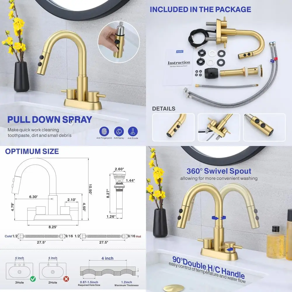 

3-Hole Brushed Gold 4 Centerset Laundry Sink Faucet with Pull-Out Spray and Pop-Up Drain