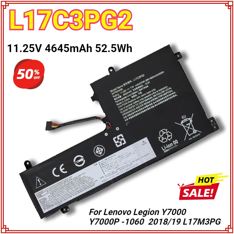 

L17C3PG2 Laptop Battery for Lenovo Legion Y7000 Y7000P -1060 2018/19 L17M3PG1 11.25V 4645mAh 52.5Wh Bateria High Qualty