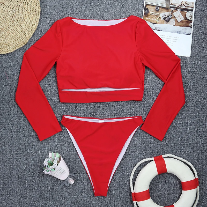 TYAKKVE 2024 New Sexy Solid Bikini Women Swimsuit Sport Long Sleeve Crop Top High Waist Tankini Swimwear Two Piece Bikini Set