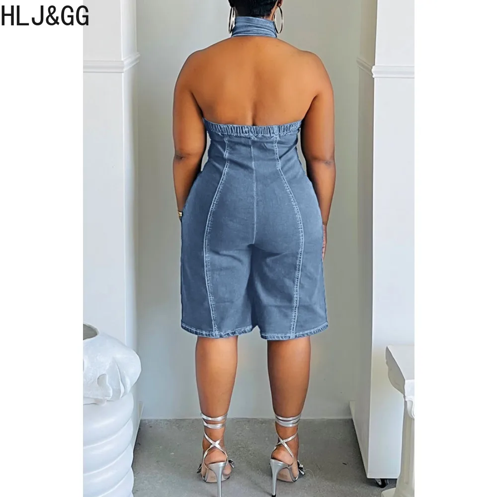 HLJ&GG Fashion Denim Splicing Backless Slim Rompers Women Round Neck Sleevless Elasticity Jumpsuits Summer Female Cowboy Overall