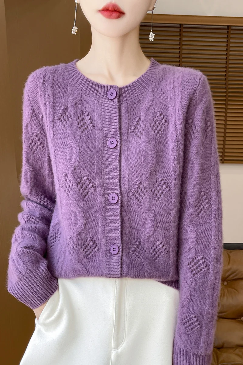 

Осень-зима, однобортный женский кардиган из 100% мериносовой шерсти с круглым вырезом, повседневный свободный свитер, пальто, топы