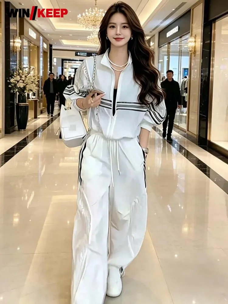 Women Tracksuit Summer Long Sleeve Sun Protection Jacket High Waist Wide Leg Pants Two Piece Set Running Sports Matching Sets