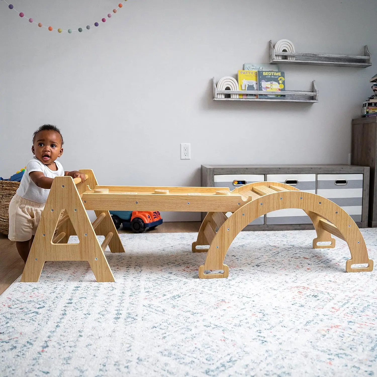 Ensemble d'escalade Montessori 5 en 1 en érable, salle de sport d'escalade pour bébé, échelle triangulaire pliable, rampe d'escalade, grimpeur d'arc, toboggan, Ro