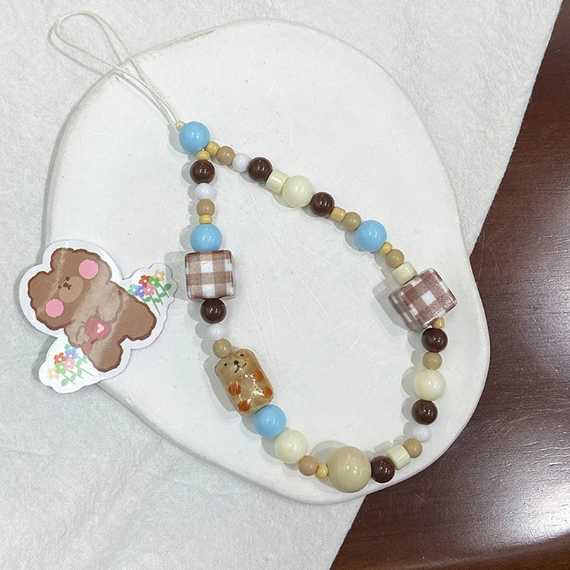 Y2K Handmade Vintage Cell Phone Lanyard Cute Phone Charm Wrist Strap Keychain Brown Bear Bead Pendant for Girl Woman Gift