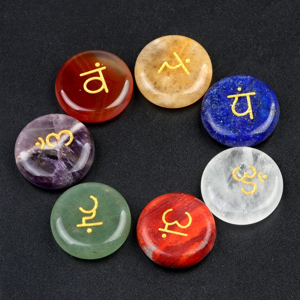 7pcs/set Flat Round Shape 20mm 7 Chakras Gemstone Decoration Beads Polish Ornaments Accessory Home Decoration Yoga Energy Stone
