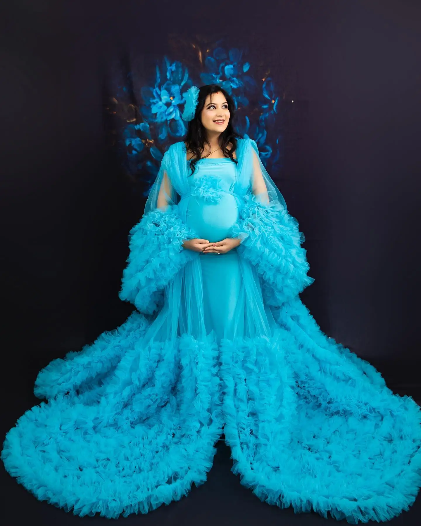 

Women Maternity Prom Dress For Photoshoot Full Sleeves Pregnant Bridal Party Robe Evening Gown Tiered Tulle Sleepwear Customized
