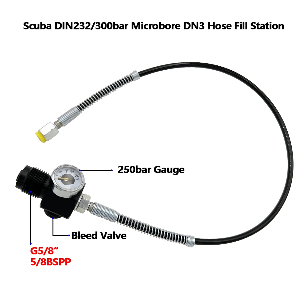 Diving Scuba 5/8BSPP Connector G5/8 DIN300 Filling Station Charging Adapter W/ Gauge Microbore DN3 Hose For Air Inflation