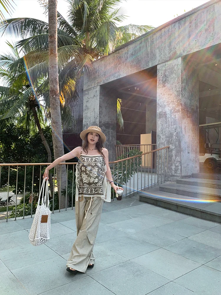 

Printed Beaded Pendant Wide Leg Pants with kets Holiday Sle Loose Fit Two Piece Set Plant Floral Pattern Summer 2025