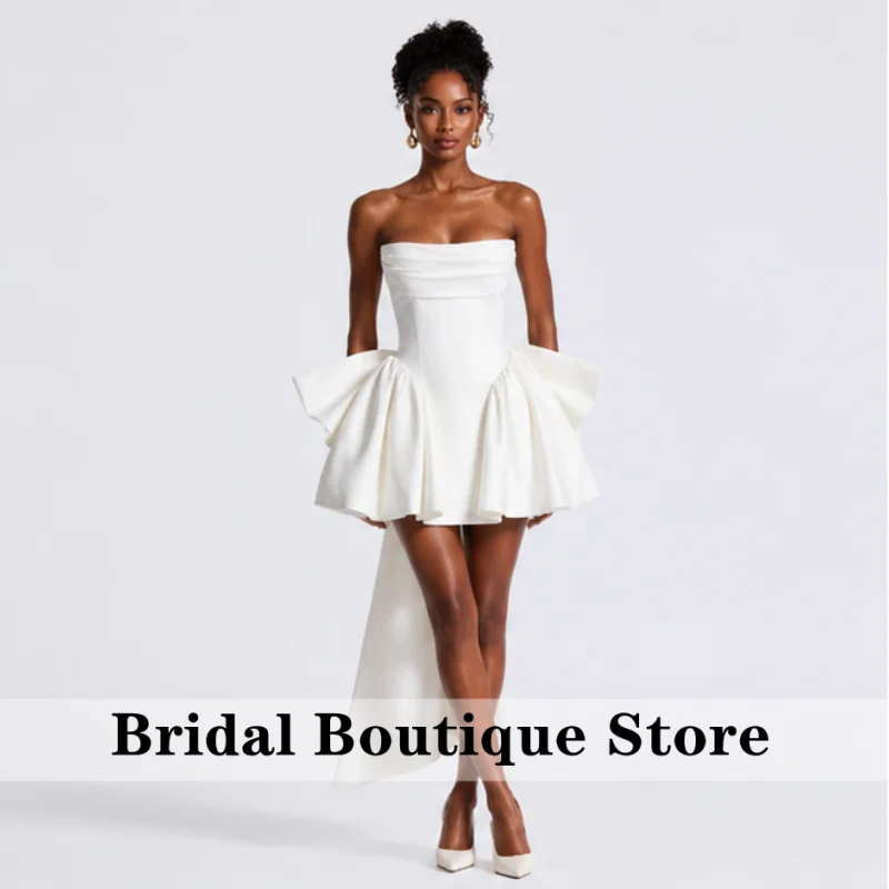 

2026 White Strapless Prom Dress Black Girl Big Bow Mini Skirt for Teenagers Cocktail Dress Short Dance Party Dress Customized