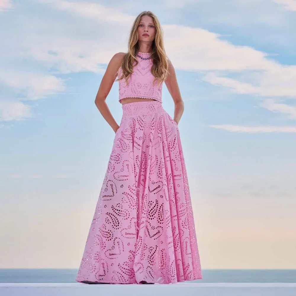 

Embroidery Two Piece Set For Women O Neck Sleeveless Hollow Out Top High Waist A Line Skirt Slimming Sets Female