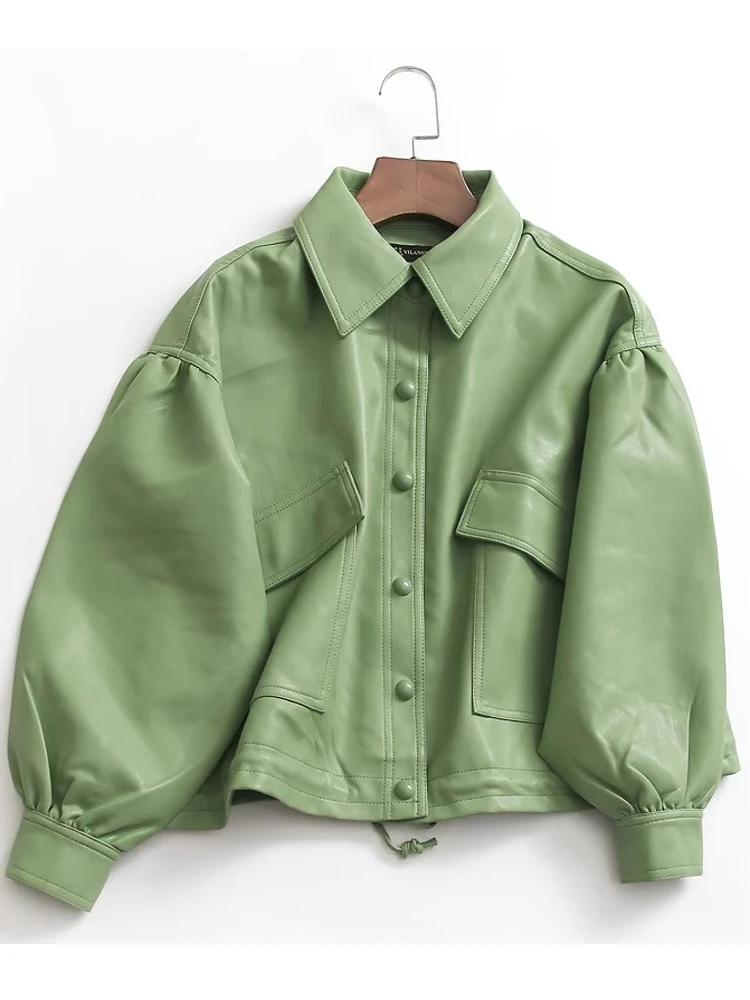 

Y564 Pure Color Loose Fit Pocket Flip Collar Single Button Autumn New Style Korean Versatile Anti-Aging Women's Leather ...