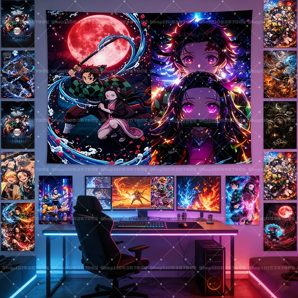 Demon Slayer Leinwand-Wandkunstdruck Kimetsu No Yaiba Anime-Poster Tanjiro Nezuko Inosuke Gamer Schlafzimmer Ästhetische Heimdekoration Geschenke