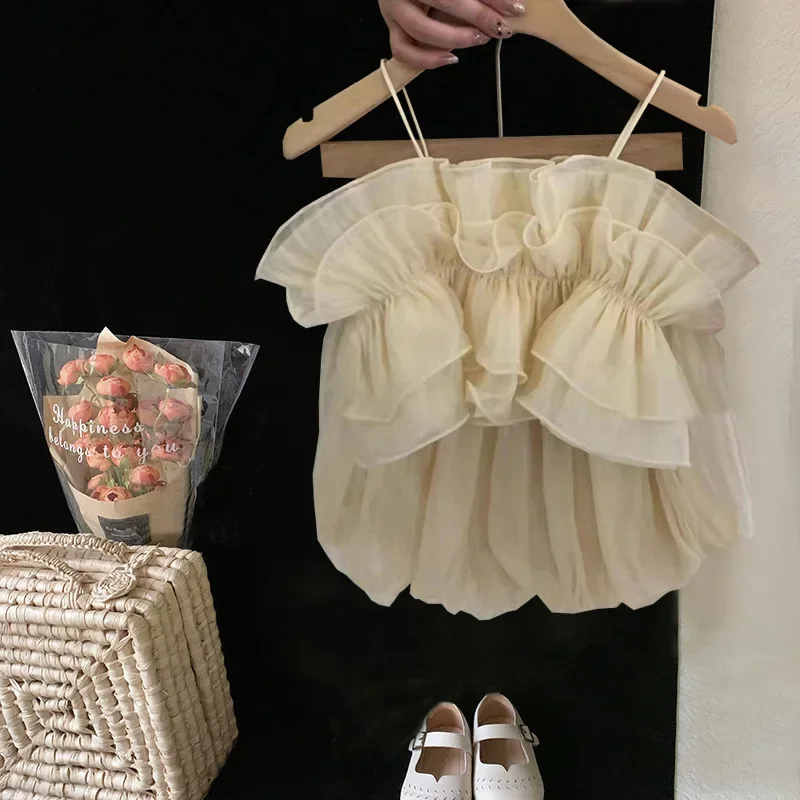 Girls Summer Flower Bud Small Suspender Top Lantern Pants Set  New Girl Baby Sweet Shorts Two-piece Set Trendy Clothes