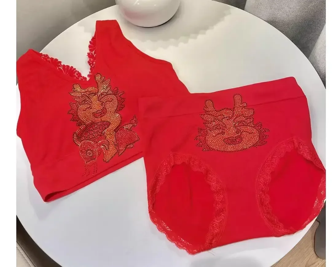 The year of my birth sign red inner sets Rhinestones Underwear Set Women red Bra  and red briefs