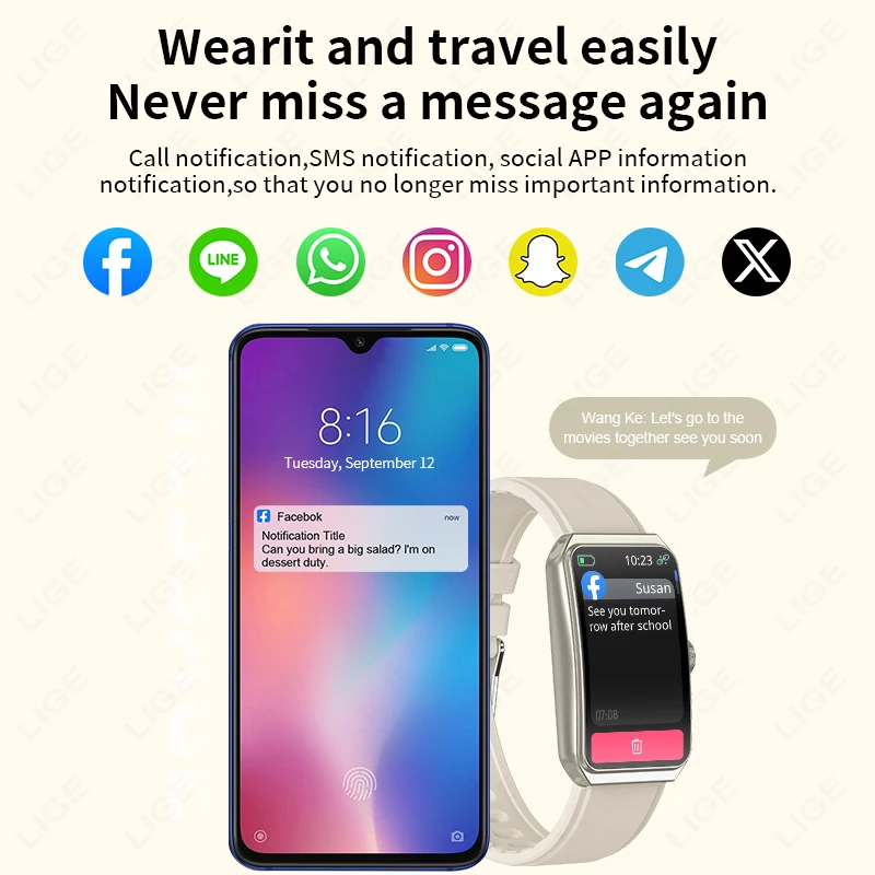 LIGE 1.47 ''wodoodporny silikonowy inteligentny zegarek mężczyźni wiadomość monitorowanie snu sport Smartband krokomierz bransoletka z przypomnieniem o informacjach