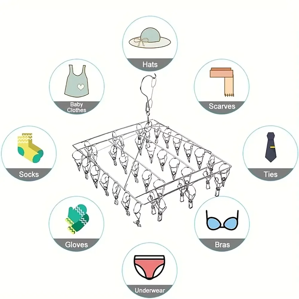 Stainless Steel Laundry Drying Rack With Multiple Clips For Socks Underwear Home Dorm And Outdoor Use Not easy to fall off