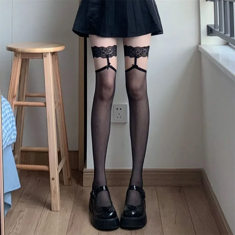 Sexy Lolita Knee High Long Stocking Women\'s Girls Black Bows Garters Stocking Japanese JK Stockings Lace Thigh High Stockings