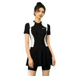 New Fashion Conservative Swimwear Women One Piece Swimsuit With Skirt Short Sleeve Swimming Suit Front Zipper Beachwear