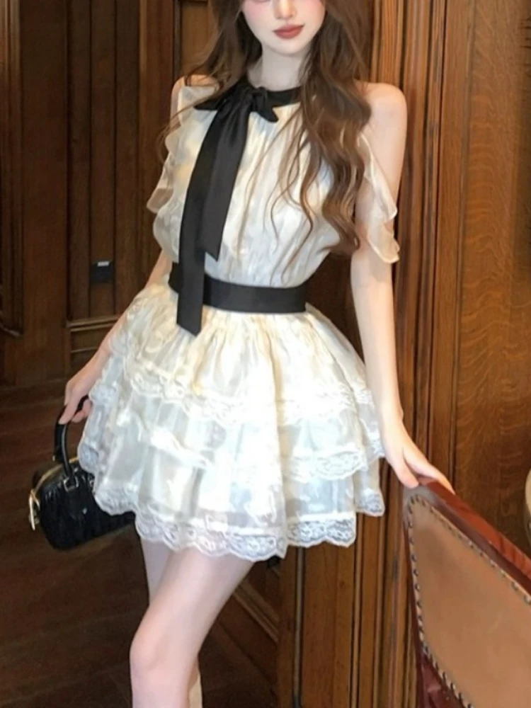 

Sexy Sleeveless Lace Fairy Dress Women 2025 Summer Elegant Fashion Slim Mini Dress Female Casual Korean Evening Party Dress Y2K