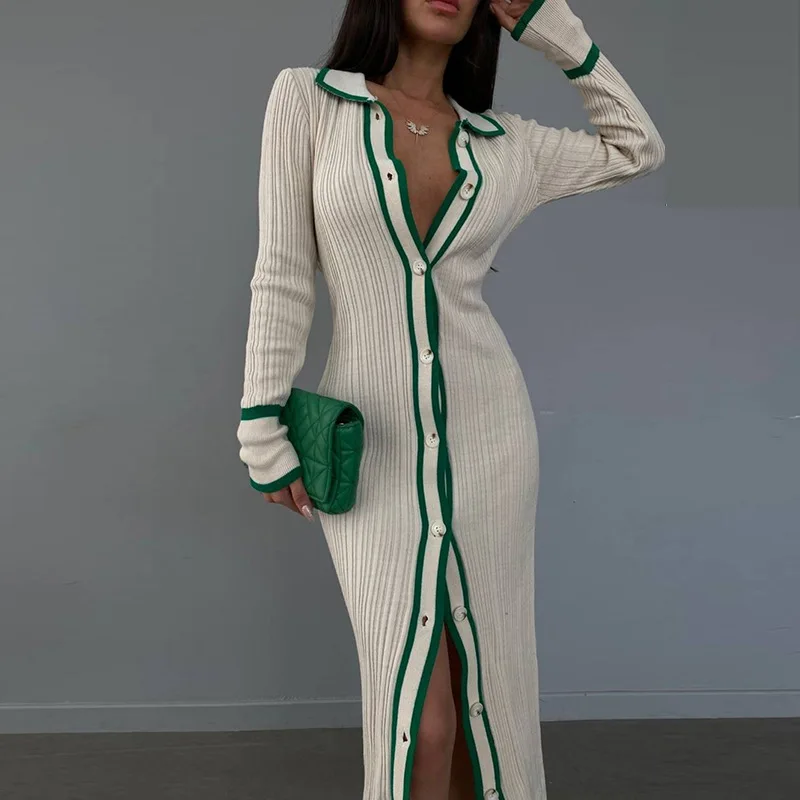 

Color Patchwork Knitted Long Dress 2023 Autumn Winter Women Polo-Neck Full Sleeve Single Breasted Slim Casual Maxi Dresses