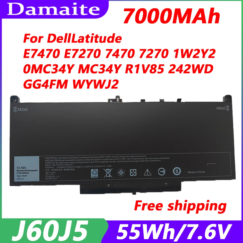 

New J60J5 55Wh Replacement Laptop Battery For Dell Latitude 7470 7270 R1V85 MC34Y 242WD 1W2Y2 0MC34Y GG4FM WYWJ2 451-BBSX BBSY