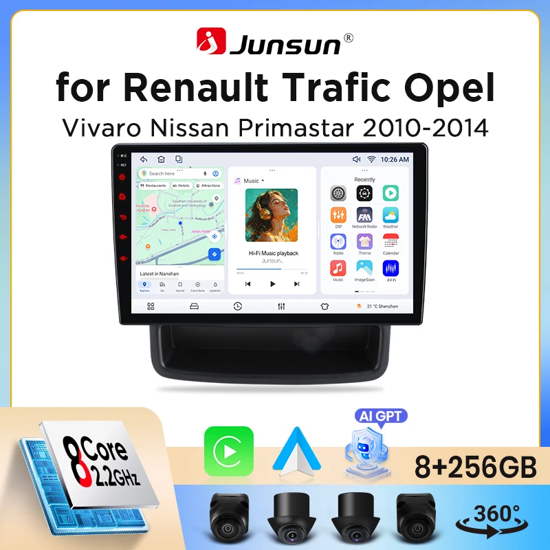 Autoradio Junsun sans fil CarPlay Android Auto pour Renault Trafic 2 / Opel Vivaro A / Vauxhall Vivaro / Nissan Primastar (X83) 2001-2014 avec ventilateur de refroidissement intégré, navigation GPS