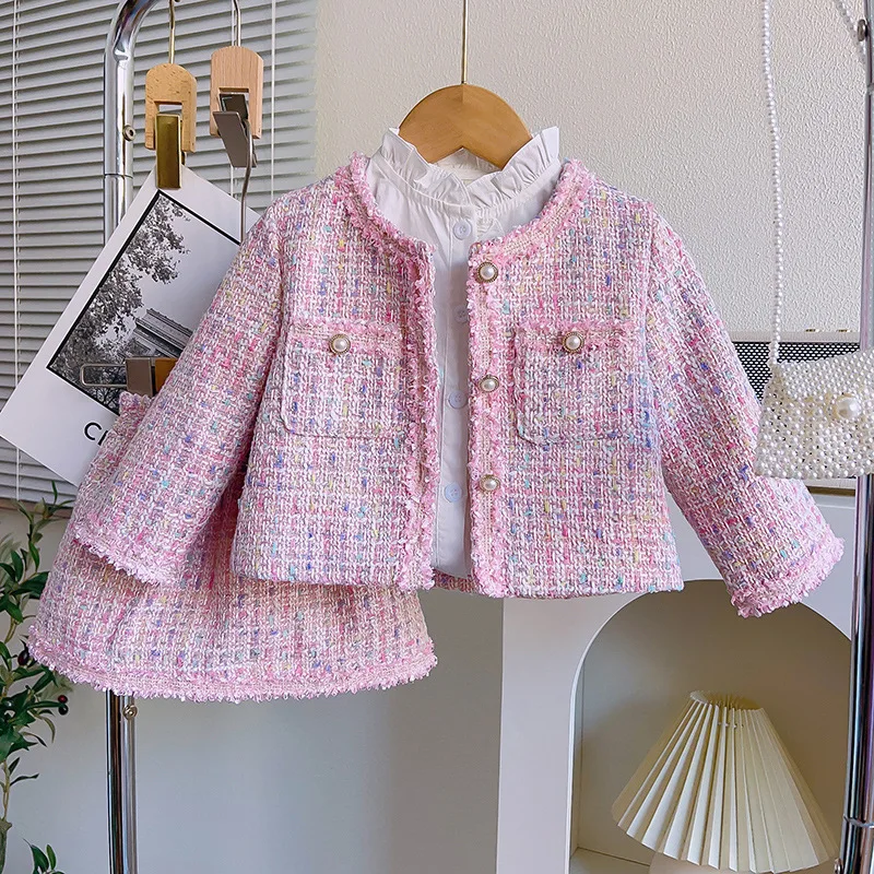 Children Girl Spring Korean 2PCS Clothing Set Pearls Button Pink Outwear Coat Elastic Waist Skirt Baby Girl Outfit Kid Girl Suit