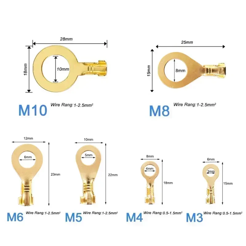 100pcs Ring Cable Lugs Crimp Terminals Gold Brass  M3 M4 M5 M6 M8 M10 Toes Shoes For Electrical Screw Wire Connectors