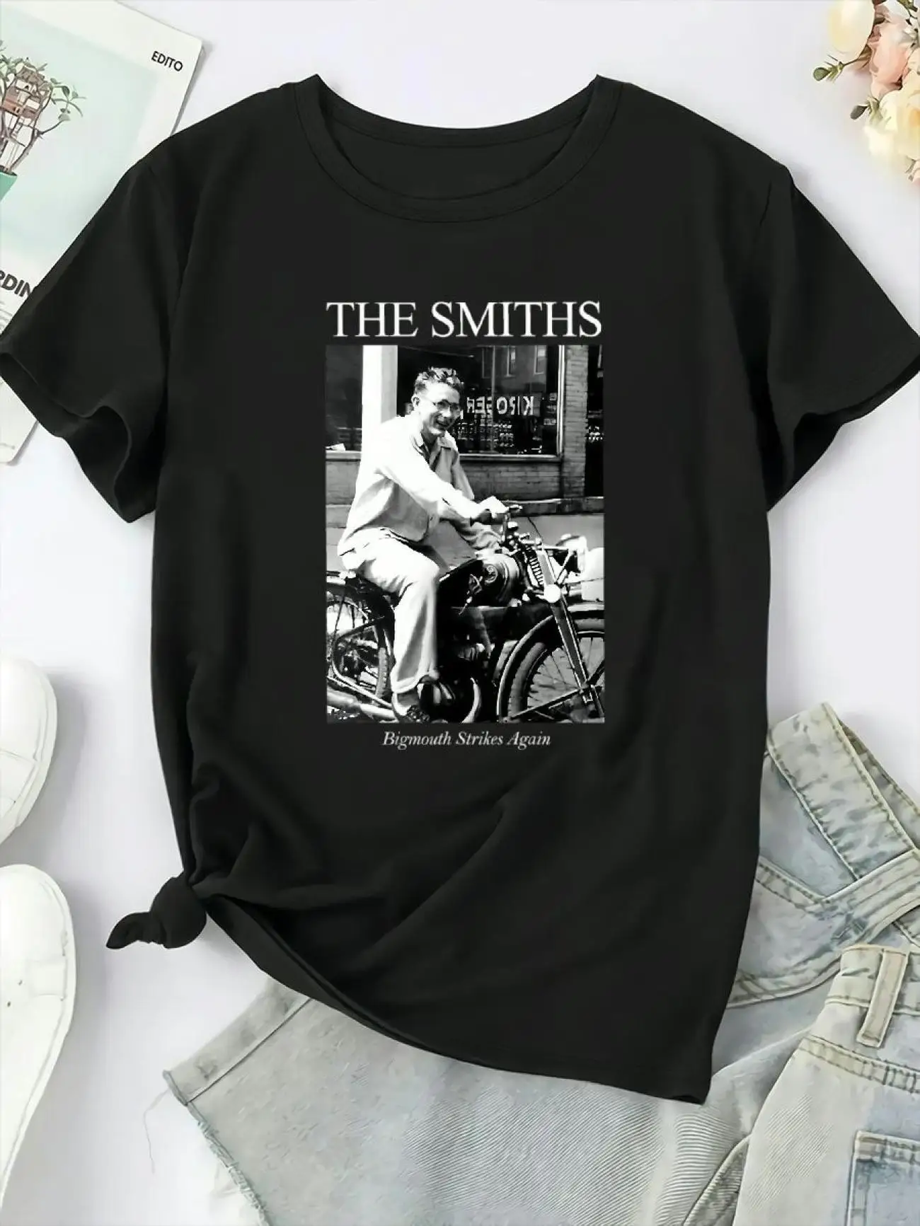 

Plus - Size Black Round Neck T - Shirt with 'The Smiths' Band - themed Print: Retro - rock and Nostalgic
