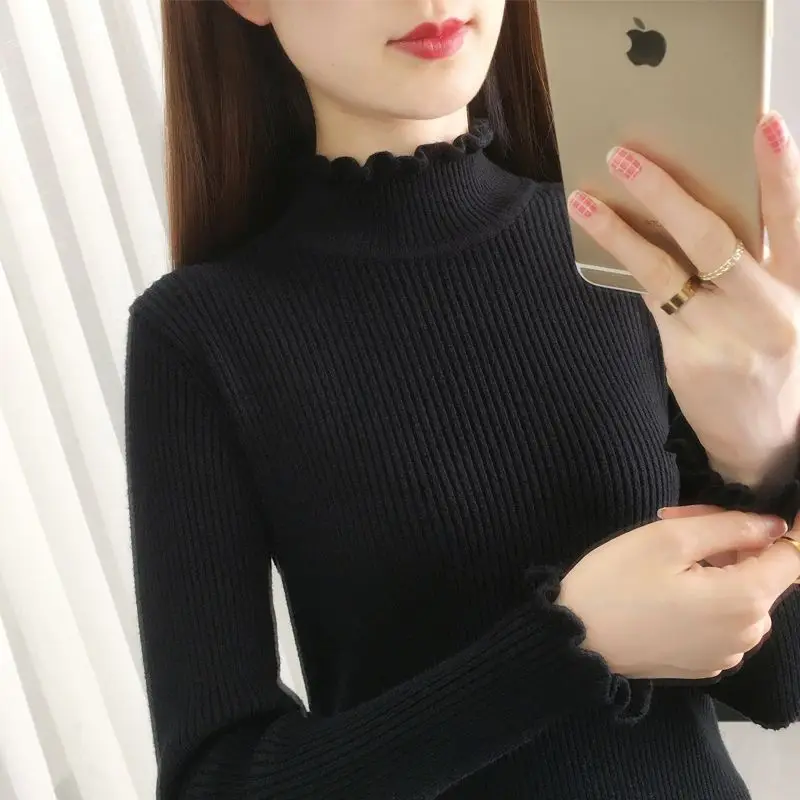 2023 Autumn Winter New Half Turtleneck Sweater Base Sweater Women Style Black Simple Sweater Top Slim Body Tight Long Sleeve