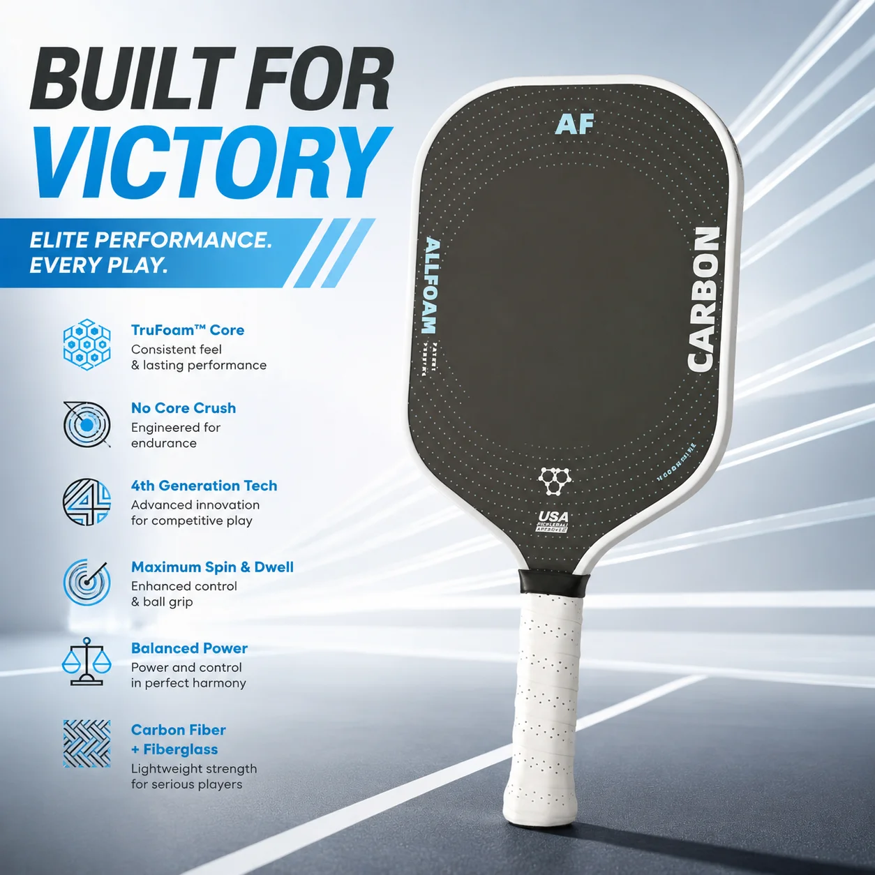 Pala de Pickleball de Fibra de Carbono T700, Moldeado Integral por Presión en Caliente, Núcleo Interno de Espuma EPP, 16 mm de Grosor, Mango Antideslizante, Profesional