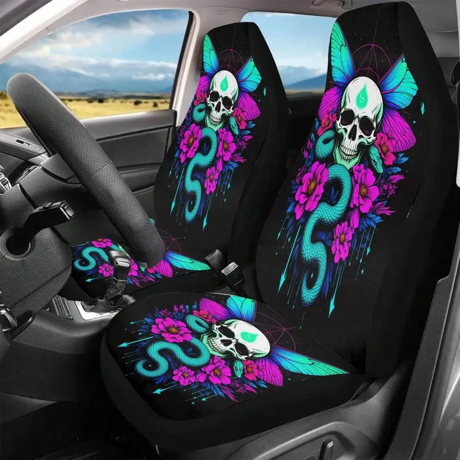 Universal Car Seat Cover With Skull Snake Floral Pattern Non Polyester Fabric Interior Decoration