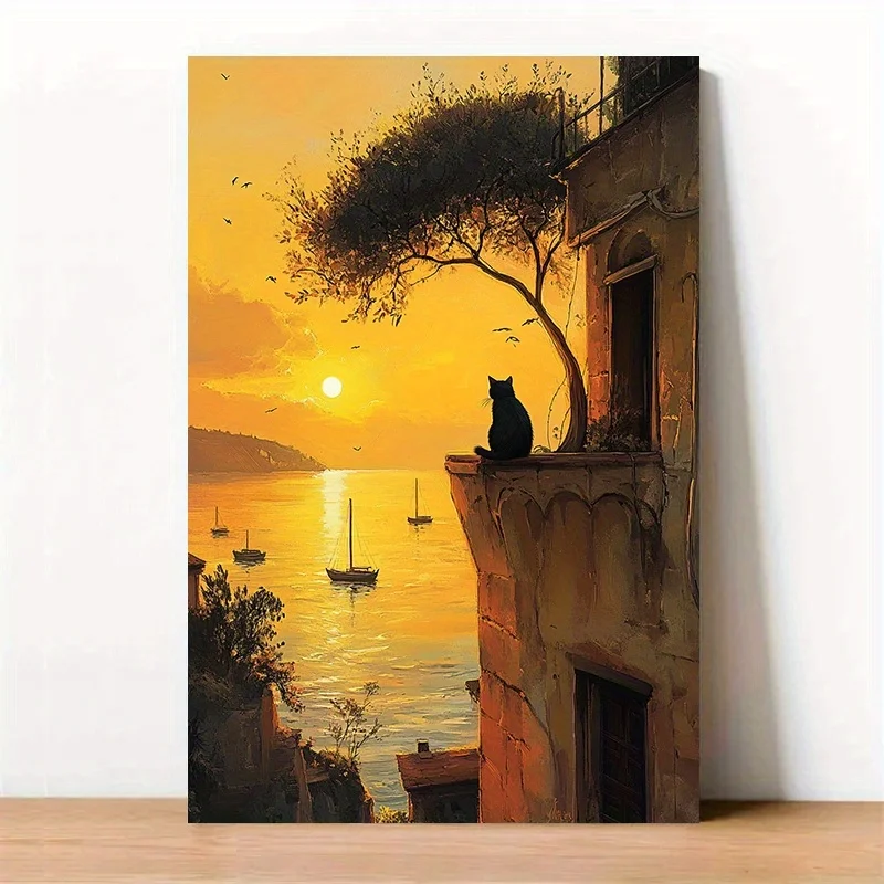 Frameless Canvas Artwork Featuring a Black Cat on an Old House During Sunset by The Sea - a Peaceful Decoration for Your Home, O