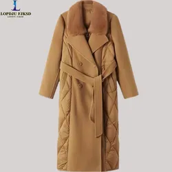 Double Breasted Cotton Coats for Women's,Adjustable Waist Jacket,Female Clothes,England Style,Fur Collar,Winter,New,2024