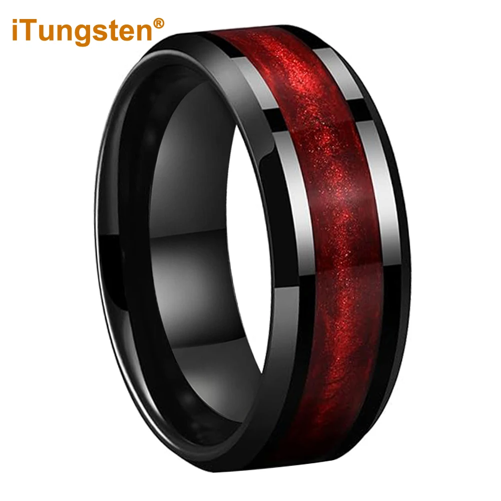 iTungsten 8mm Men Women Black Tungsten Flowing Sand Inlay Ring Fashion Engagement Promise Wedding Band Beveled Polished Finish