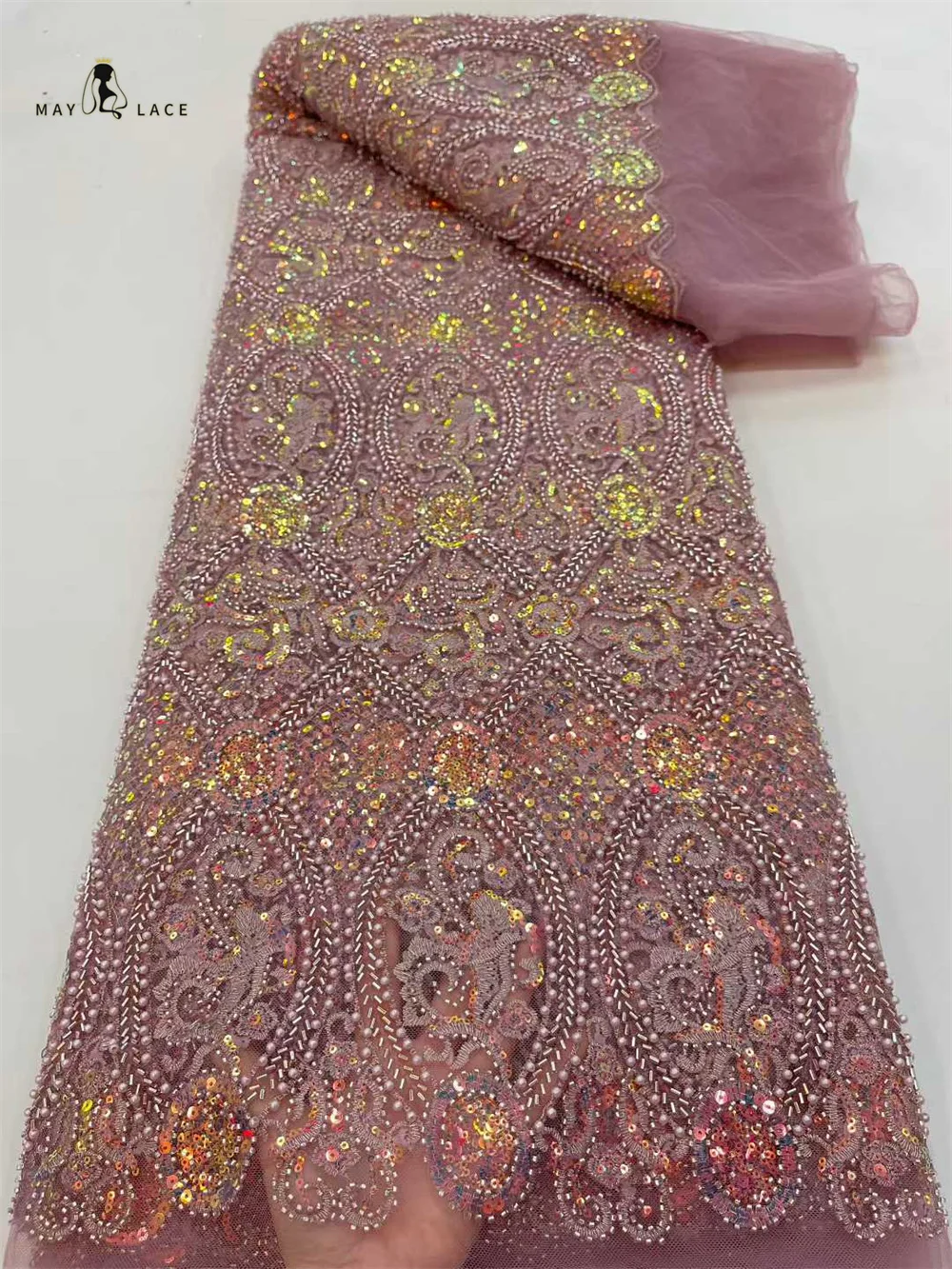 Nigerian Exquisite Groom Lace Fabric 2026 Luxury Lace Fabric African Sequins Beaded Tulle Fabric For 5yards Sewing Party Dresses