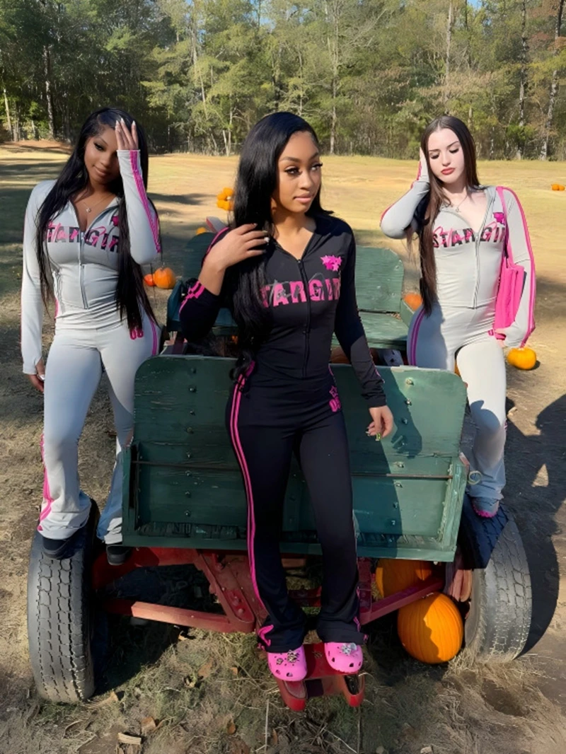 

Стильный женский комплект из 2 предметов для фитнеса с буквенным принтом, женские комплекты с курткой и брюками с длинными рукавами, 2025 г., сексуальные спортивные костюмы для клубной вечеринки