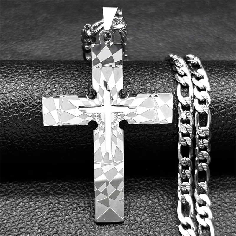 Punk Big Jesus Cross Necklace for Men Women Stainless Steel Gold Silver Color Figaro Chain Biker Jewelry Boy Friend Gift Jewelry image 5
