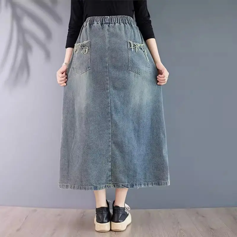 Large Size Ethnic Style Denim Skirts Womens 2024 Autumn Artistic Loose Versatile Embroidery A-Line Skirt Midi Jeans Saias K2197