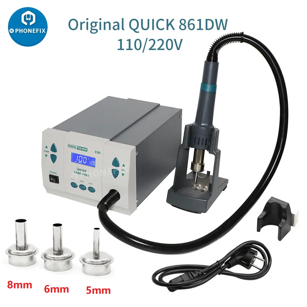 861DW Rework Station Quick Professional Phone Soldering Station Repair Tool 5/6/8mm Straight Nozzles 2/4/6/8 Curved Nozzles