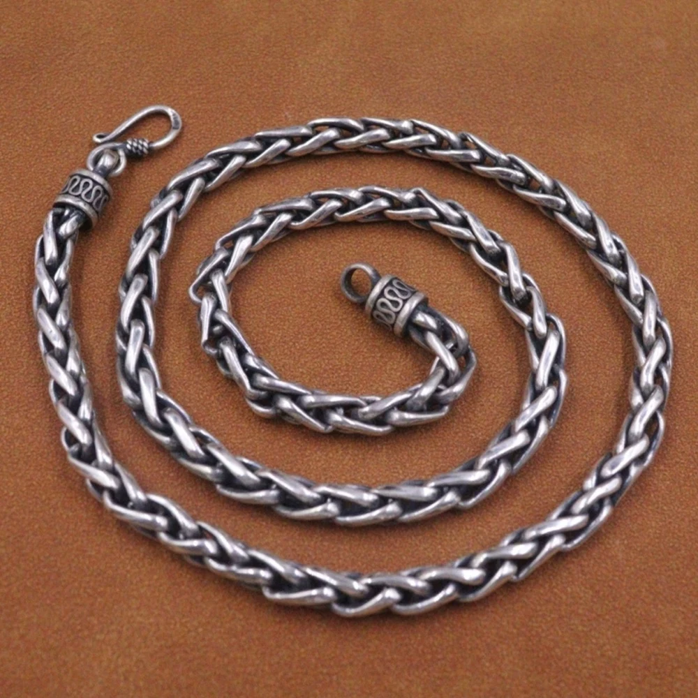 

Real Solid 925 Sterling Silver Chain Men 6mm Retro Wheat Braided Necklace 52-53g/55cm