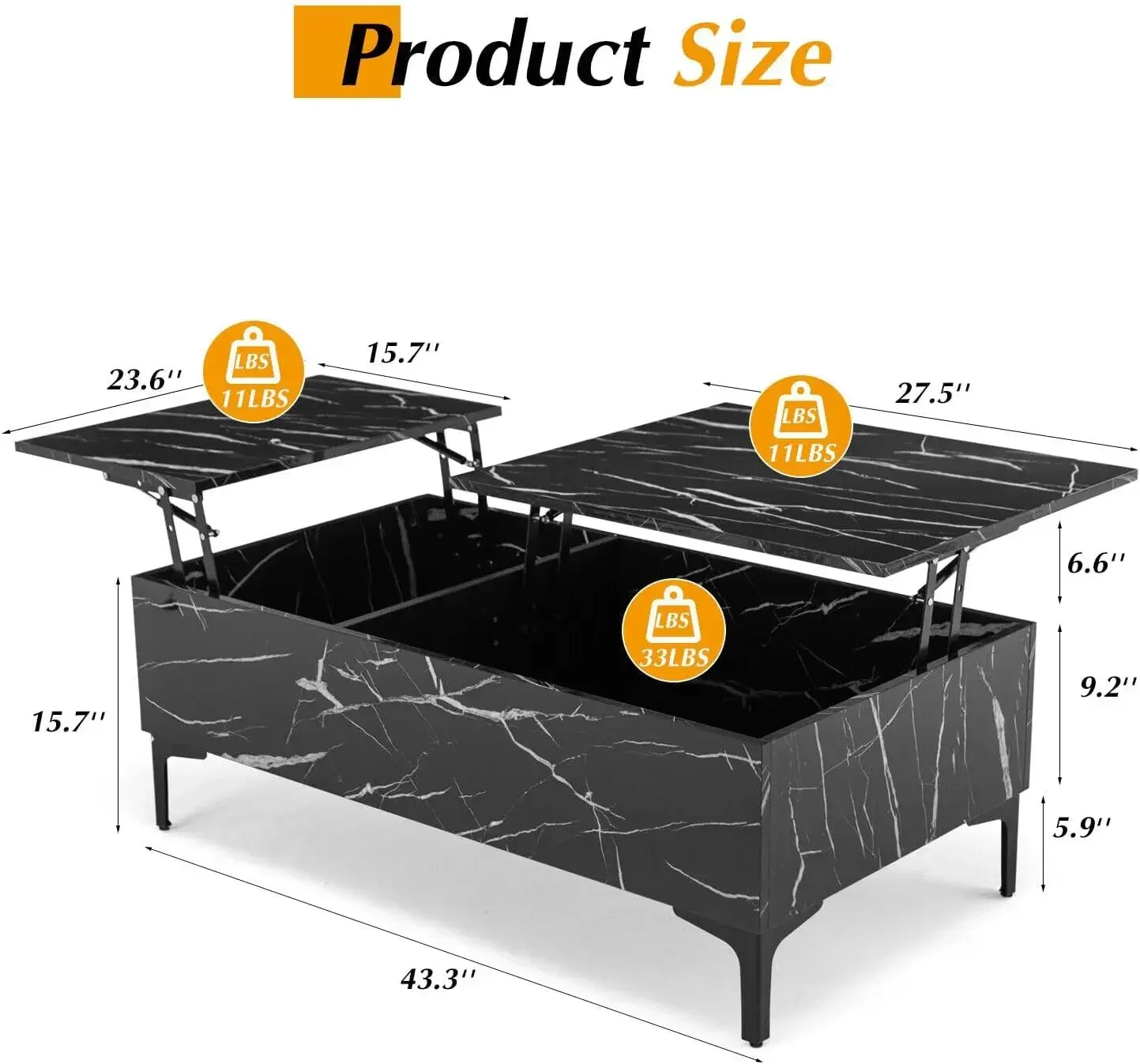 43-Zoll-Couchtisch aus Marmor mit Hubplatte für das Wohnzimmer, moderner ausziehbarer Mitteltisch mit Stauraum, Schwarz