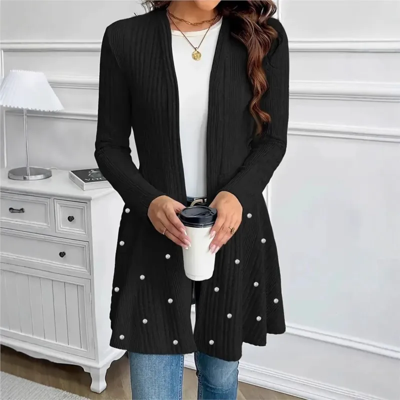Knitted Cardigan All-match Loose Simple Style Sweater Nail Bead Solid Color Outerwears Coat Elegant Temperament Casual Commuting