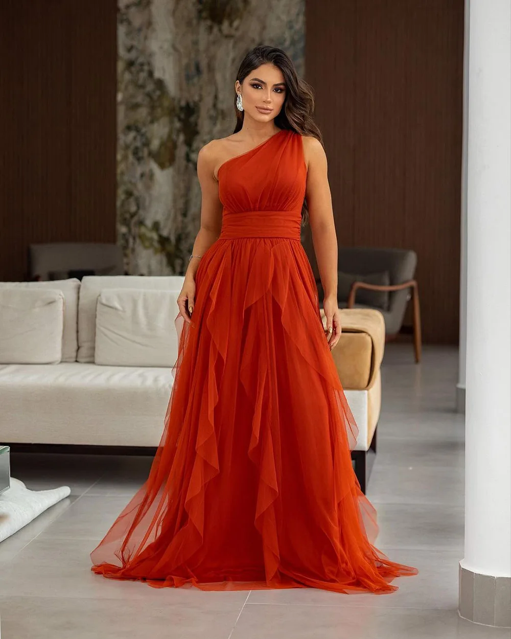 SoDigne Orange Formal Evening Dresses One Shoulder Ruched Tiered Prom Gown Dubai Long Women Special Occasion Dress