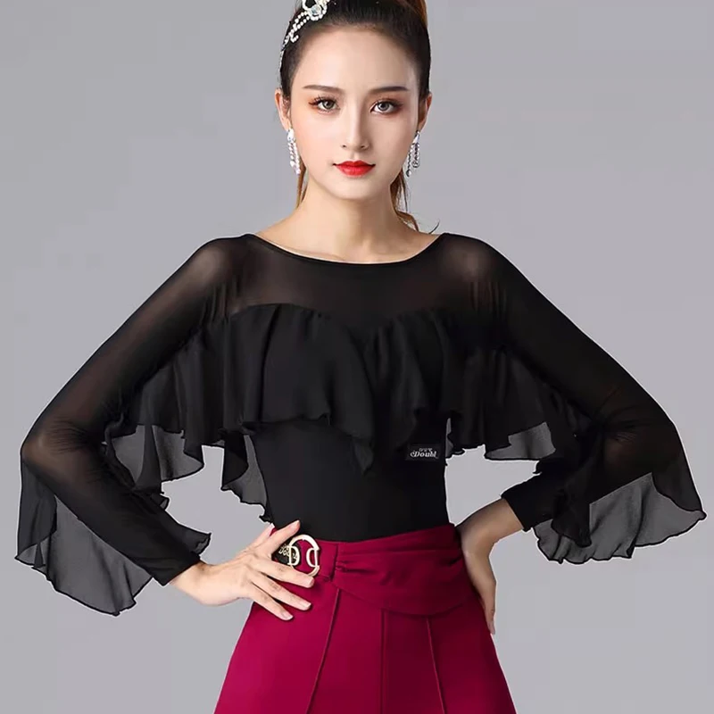 New Sexy Latin Dance Tops Women\'s Waltz Practice Clothes Ruffles National Standard Ballroom Leotard Modern Bodysuit Costumes