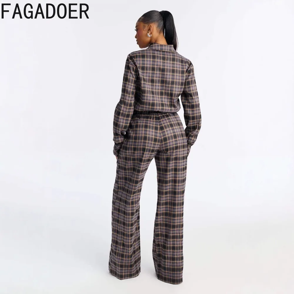 FAGADOER Fashion Checkered Print Bodycon Jumpsuits for Woman Long Sleeves Ruched Patchwork Rompers Female Streetwear Overalls