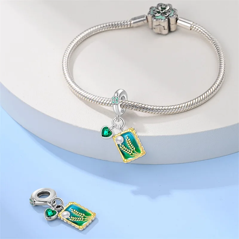 Fit DIY 925 Original Bracelets Green Wheat Field Oil Painting 925 Silver Zircon Charms Pendant DIY Exquisite Party Jewelry Gifts