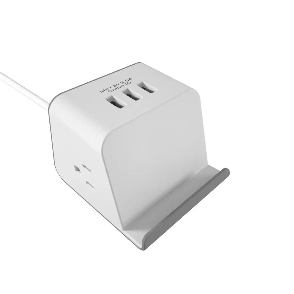 

Mobile Portable American Plug Charging Station 2 AC Outlet Mini Power Strip with USB Surge Protector and Phone Holder in Grey