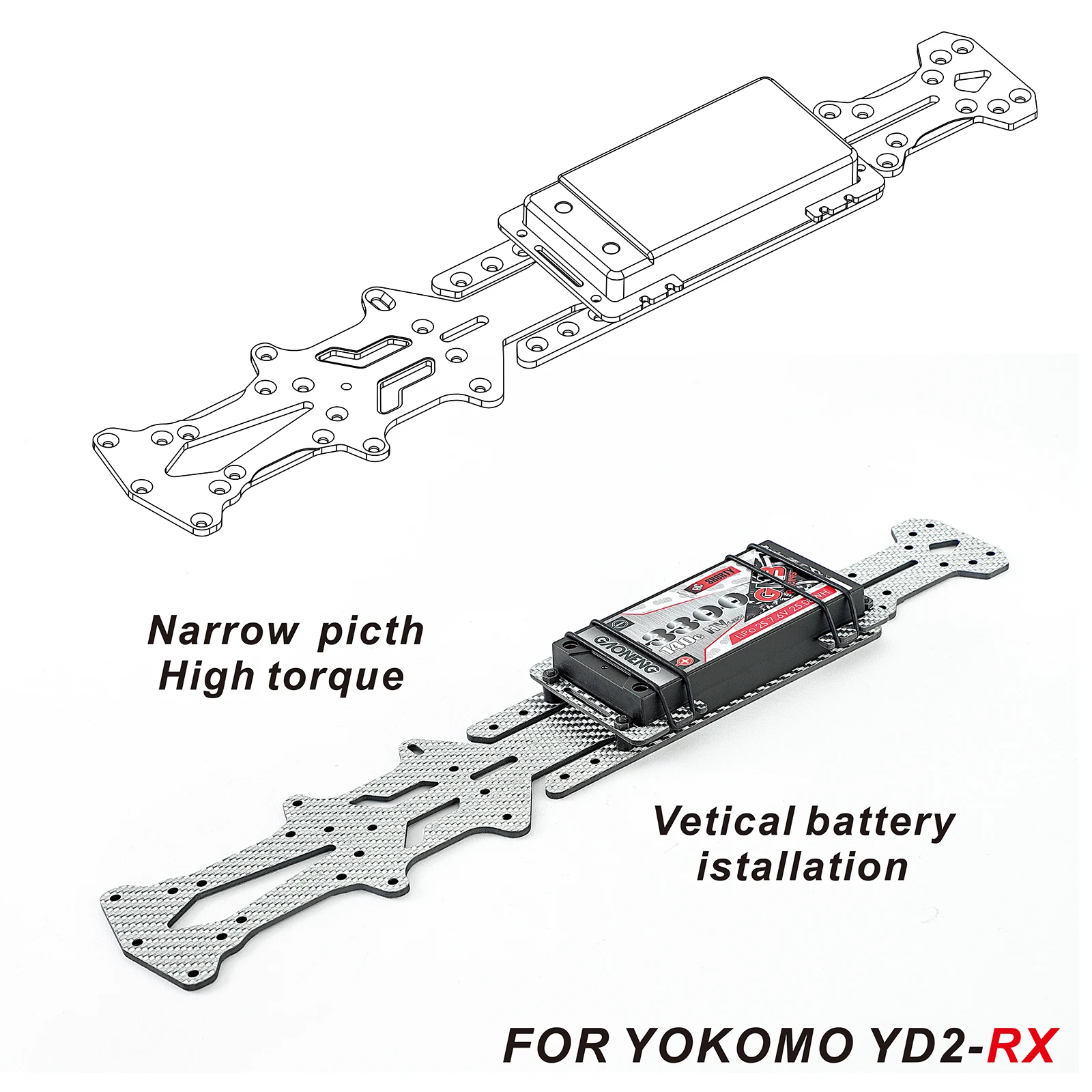 

Narrow Vertical High Traction Carbon Fiber Chassis and Battery Holder for YOKOMO YD2-RX 1:10 Drift Car silver SSG version